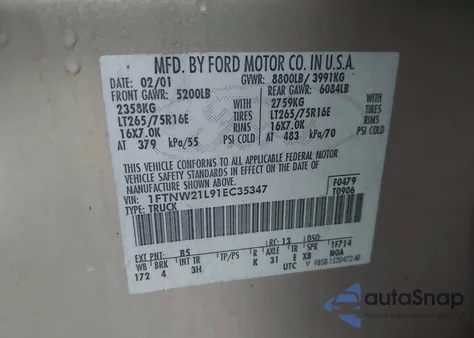 2001 Ford F-250 Lariat/Xl/Xlt из США, поврежденный, VIN 1FTNW21L91EC35347